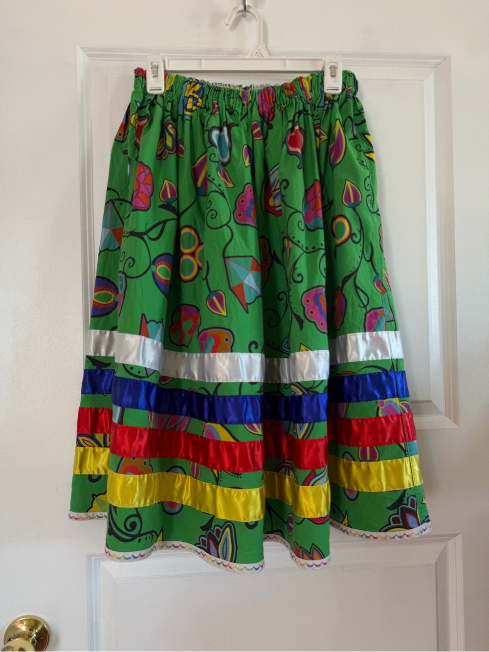 Indigenous Floral Ribbon Skirt – Green Floral Print with Satin Ribbons Size S/M